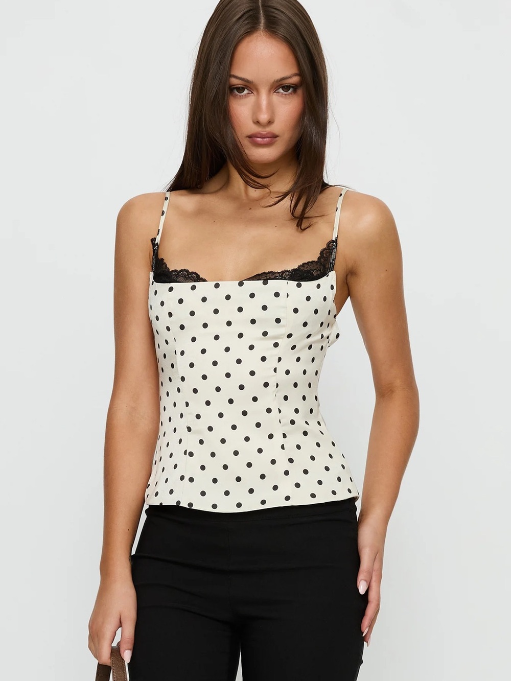 Princess Polly Renaissance Polka Dot Lace-Trim Cami Top - Ivory/Black